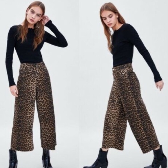 Zara TRF Wide Leopard Cheetah Jeans Pants 40 - 8 - Picture 1 of 9